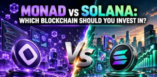 Illustration comparing Monad and Solana blockchains with futuristic network graphics, speed indicators, and investment comparison elements.