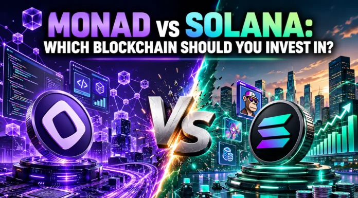 Illustration comparing Monad and Solana blockchains with futuristic network graphics, speed indicators, and investment comparison elements.