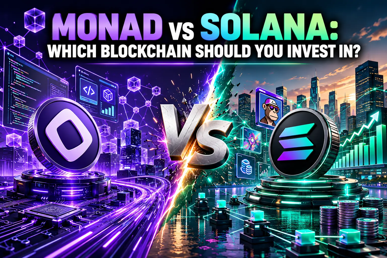 Monad Vs. Solana: Which Blockchain Should You Invest In? Illustration comparing Monad and Solana blockchains with futuristic network graphics, speed indicators, and investment comparison elements.