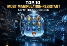 Top 10 Most Manipulation-Resistant Cryptocurrencies Illustration comparing Bitcoin, Monero, Litecoin, Kaspa, and other manipulation-resistant cryptocurrencies with symbols representing decentralization, fair launches, transparent tokenomics, and long-term investing.