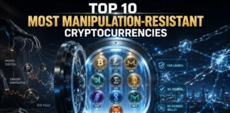 Illustration comparing Bitcoin, Monero, Litecoin, Kaspa, and other manipulation-resistant cryptocurrencies with symbols representing decentralization, fair launches, transparent tokenomics, and long-term investing.