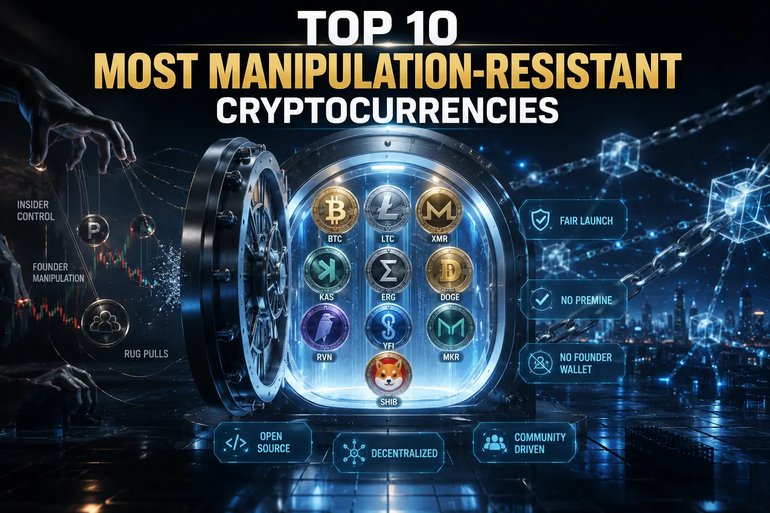 Top 10 Most Manipulation-Resistant Cryptocurrencies Illustration comparing Bitcoin, Monero, Litecoin, Kaspa, and other manipulation-resistant cryptocurrencies with symbols representing decentralization, fair launches, transparent tokenomics, and long-term investing.