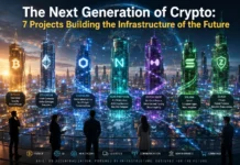 The Next Generation of Crypto: 7 Projects Building the Infrastructure of the Future Futuristic illustration showing Bitcoin, Ethereum, Zcash, Hyperliquid, Near Protocol, Solana, and Chainlink representing the next generation of crypto infrastructure.