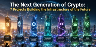Futuristic illustration showing Bitcoin, Ethereum, Zcash, Hyperliquid, Near Protocol, Solana, and Chainlink representing the next generation of crypto infrastructure.