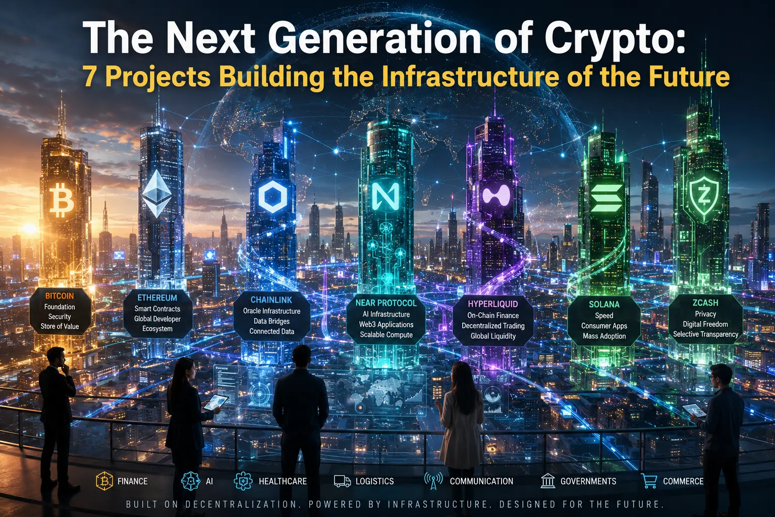 The Next Generation of Crypto: 7 Projects Building the Infrastructure of the Future Futuristic illustration showing Bitcoin, Ethereum, Zcash, Hyperliquid, Near Protocol, Solana, and Chainlink representing the next generation of crypto infrastructure.