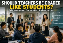 A teacher under evaluation with students studying in a modern classroom, showing the importance of teacher accountability and education quality.