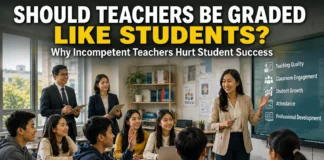 A teacher under evaluation with students studying in a modern classroom, showing the importance of teacher accountability and education quality.