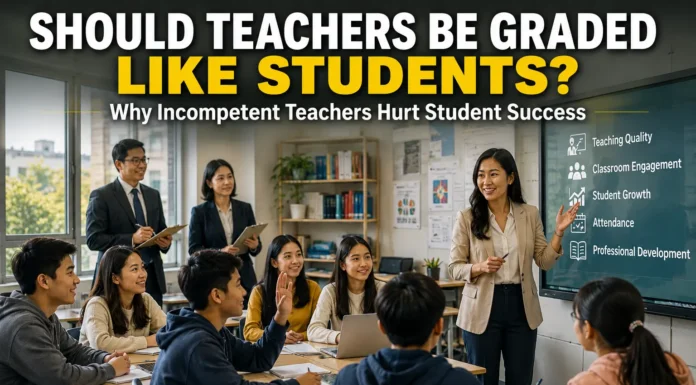 A teacher under evaluation with students studying in a modern classroom, showing the importance of teacher accountability and education quality.