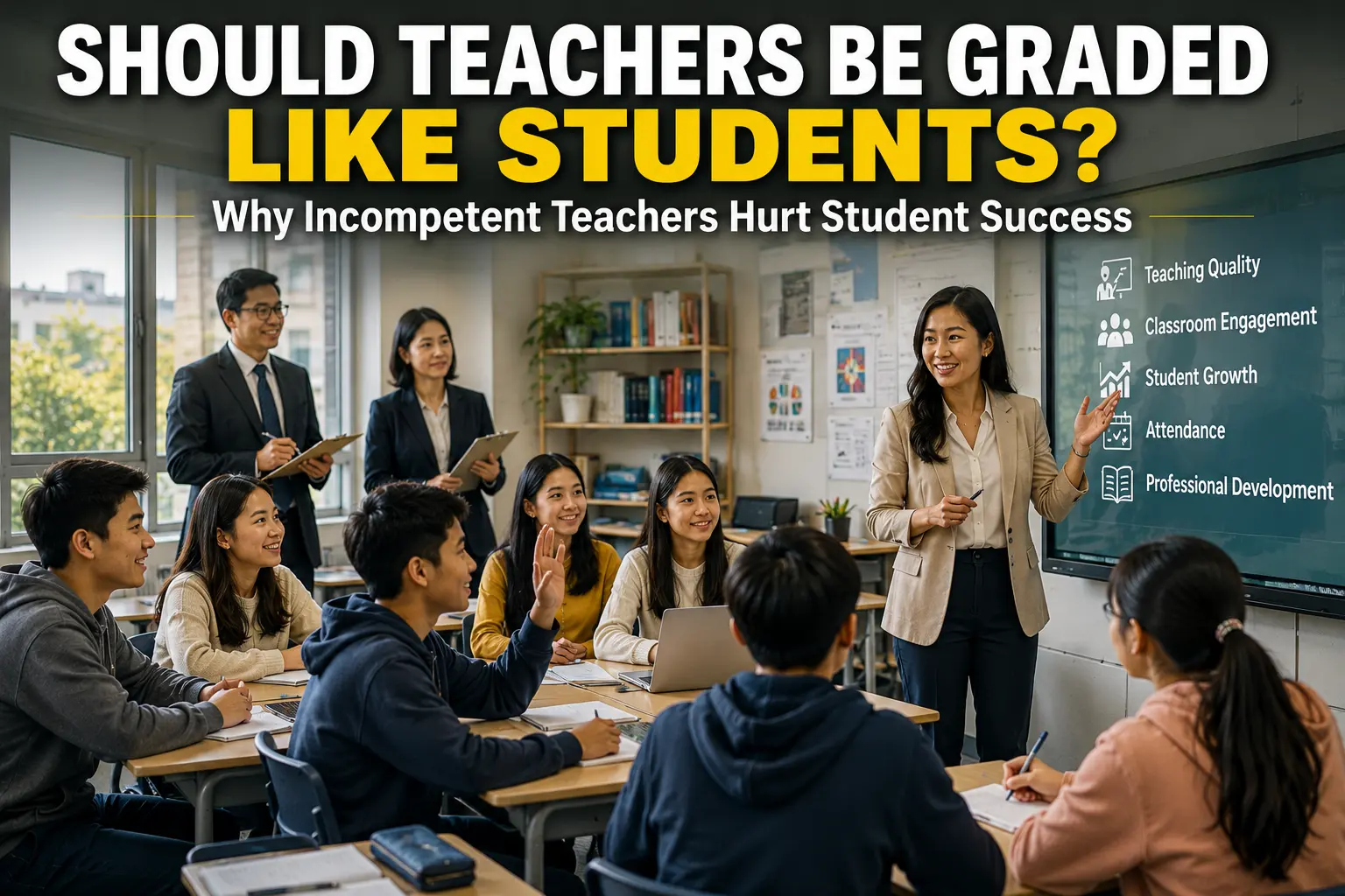 Should Teachers Be Graded Like Students? Why Incompetent Teachers Hurt Student Success A teacher under evaluation with students studying in a modern classroom, showing the importance of teacher accountability and education quality.