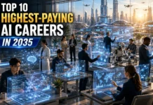 Top 10 Highest-Paying AI Careers in 2035 A professional working with advanced AI holographic interfaces representing the top highest-paying AI careers in 2035.