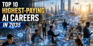 A professional working with advanced AI holographic interfaces representing the top highest-paying AI careers in 2035.