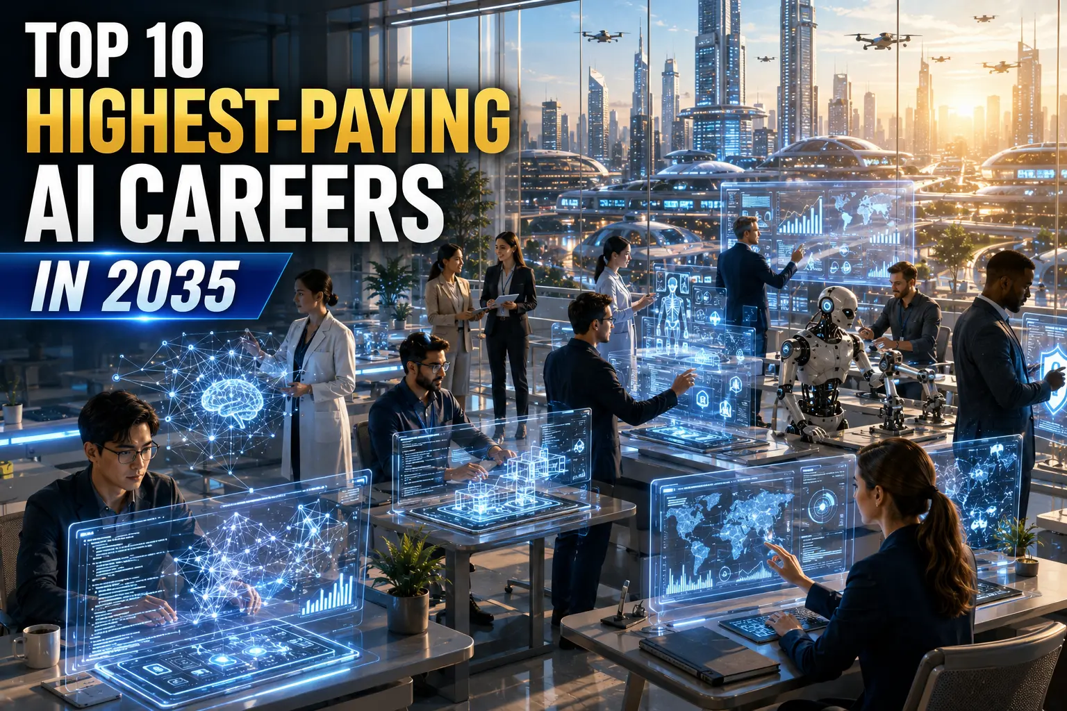 Top 10 Highest-Paying AI Careers in 2035 A professional working with advanced AI holographic interfaces representing the top highest-paying AI careers in 2035.