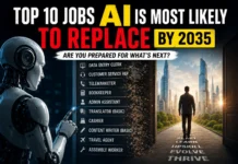 Top 10 Jobs AI Is Most Likely to Replace by 2035 Futuristic illustration showing AI-powered robots and human professionals representing the top jobs artificial intelligence may replace by 2035.