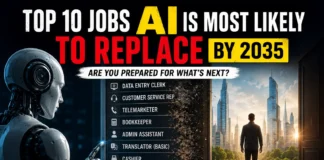 Futuristic illustration showing AI-powered robots and human professionals representing the top jobs artificial intelligence may replace by 2035.