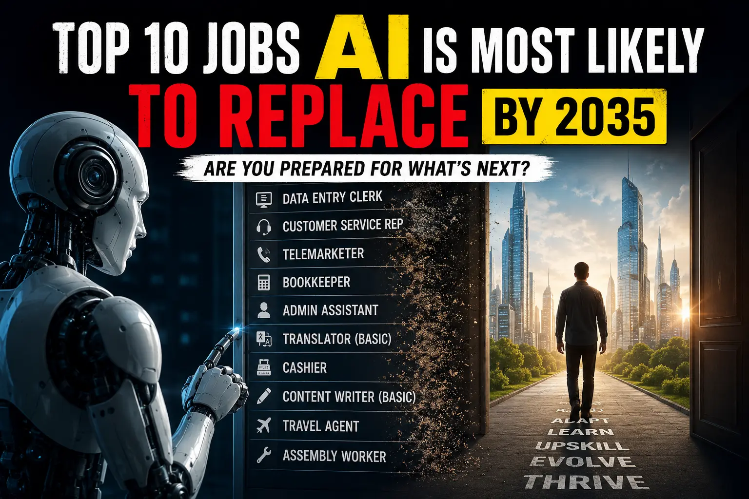 Top 10 Jobs AI Is Most Likely to Replace by 2035 Futuristic illustration showing AI-powered robots and human professionals representing the top jobs artificial intelligence may replace by 2035.
