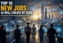 Picture of people working with AI, showing the top new jobs expected by 2035.