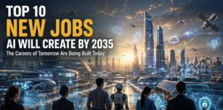 Picture of people working with AI, showing the top new jobs expected by 2035.