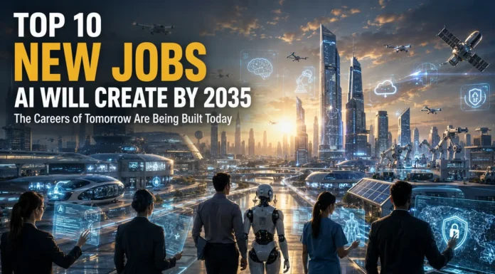 Picture of people working with AI, showing the top new jobs expected by 2035.