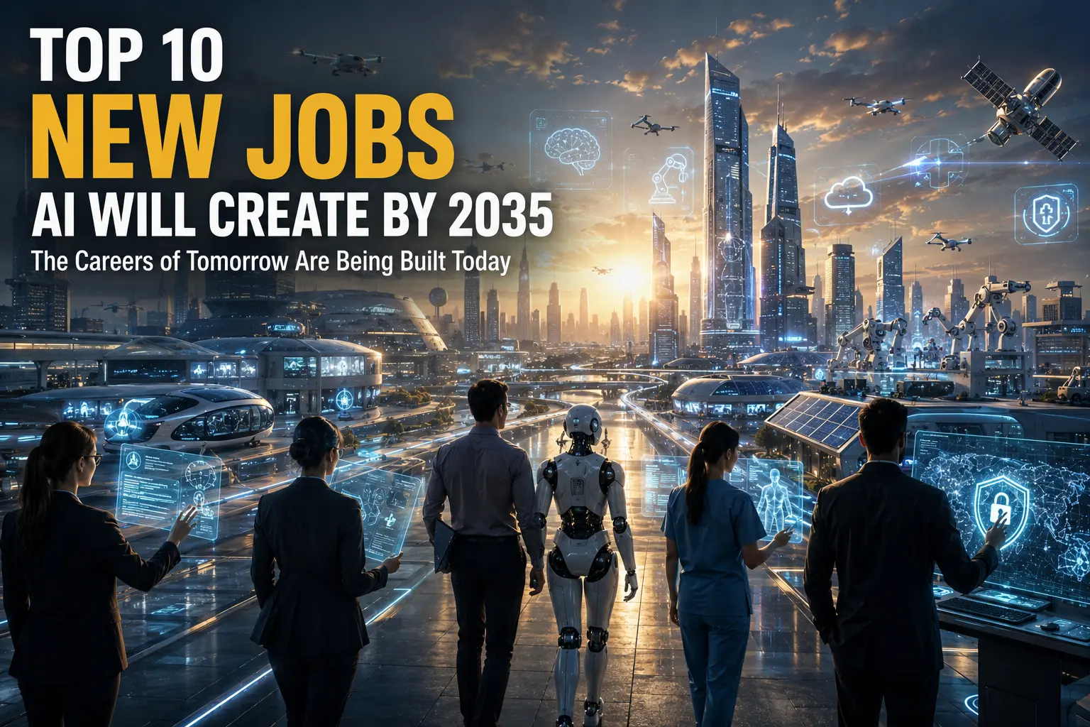 Top 10 New Jobs AI Will Create by 2035 Picture of people working with AI, showing the top new jobs expected by 2035.