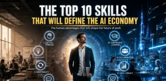 Top 10 skills that will matter most in the AI economy, including critical thinking, creativity, adaptability, emotional intelligence, and future workplace skills.