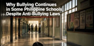 Students walking through a Philippine school hallway while a concerned teacher observes bullying, illustrating why bullying continues despite anti-bullying laws.
