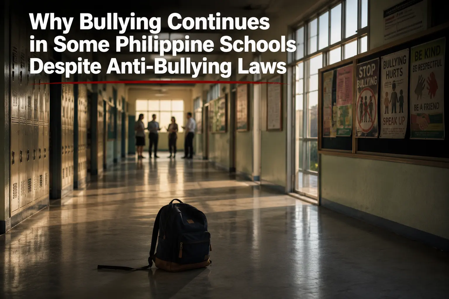 Why Bullying Continues in Some Philippine Schools Despite Anti-Bullying Laws Students walking through a Philippine school hallway while a concerned teacher observes bullying, illustrating why bullying continues despite anti-bullying laws.