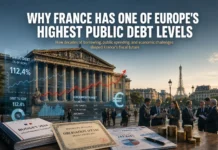 Why France Has One of Europe’s Highest Public Debt Levels A picture of France's rising public debt, featuring the Paris skyline, government bonds, euro currency, and charts showing the debt going up.