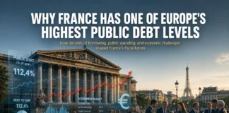 A picture of France's rising public debt, featuring the Paris skyline, government bonds, euro currency, and charts showing the debt going up.