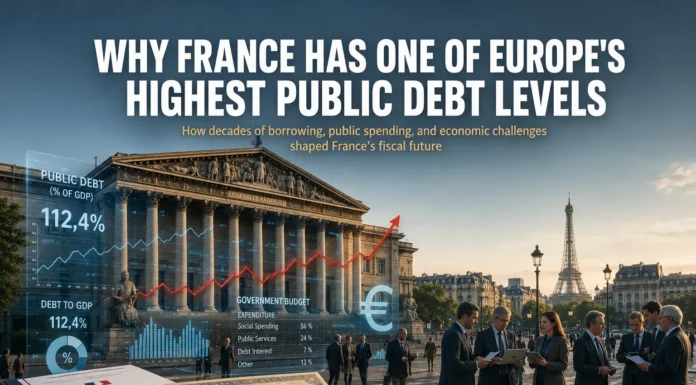 A picture of France's rising public debt, featuring the Paris skyline, government bonds, euro currency, and charts showing the debt going up.