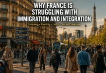 Why France Is Struggling With Immigration and Integration Modern France showing diverse people, the Eiffel Tower, housing developments, and city streets symbolizing immigration and integration challenges.