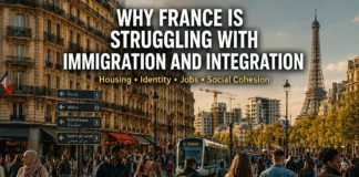 Modern France showing diverse people, the Eiffel Tower, housing developments, and city streets symbolizing immigration and integration challenges.