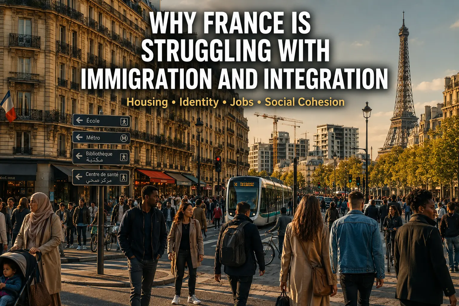 Why France Is Struggling With Immigration and Integration Modern France showing diverse people, the Eiffel Tower, housing developments, and city streets symbolizing immigration and integration challenges.