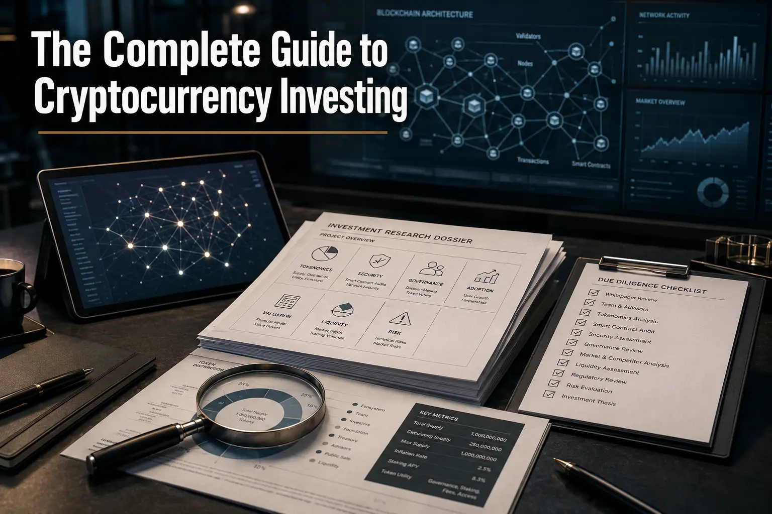The Complete Guide to Cryptocurrency Investing An investor assessing cryptocurrency projects through their tokenomics, valuation, and broader investment risks.