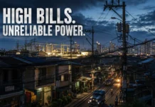Philippine electricity infrastructure with tangled power lines and residential buildings