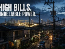 Philippine electricity infrastructure with tangled power lines and residential buildings
