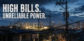 Philippine electricity infrastructure with tangled power lines and residential buildings