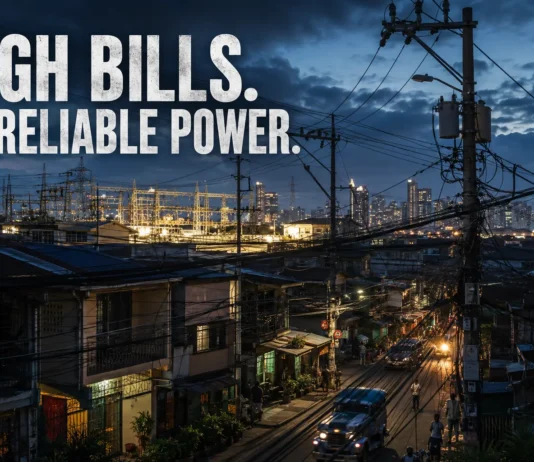 Philippine electricity infrastructure with tangled power lines and residential buildings