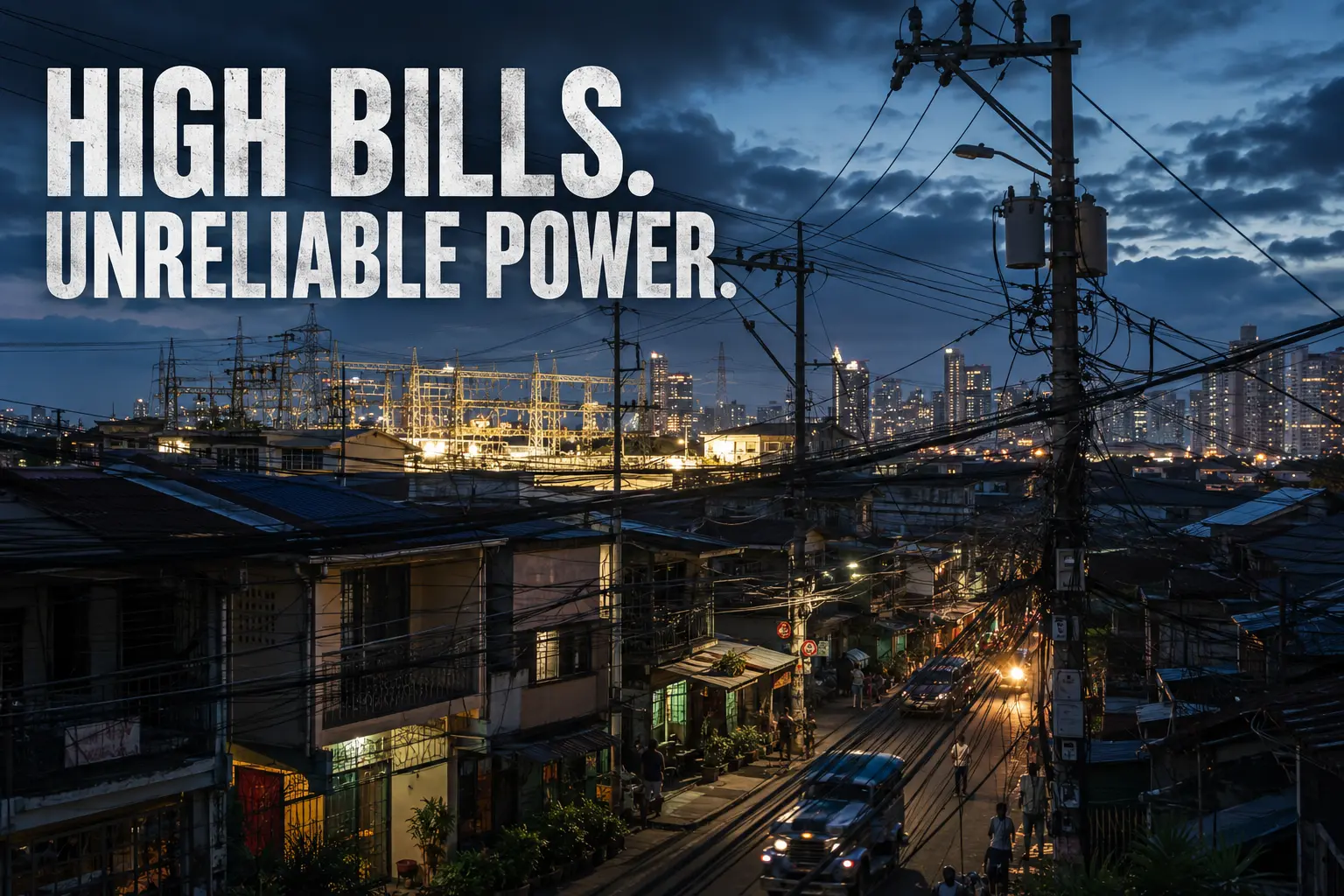 Why Is Electricity So Expensive in the Philippines Despite Poor Service? Philippine electricity infrastructure with tangled power lines and residential buildings