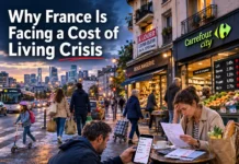 Why France Is Facing a Cost of Living Crisis France cost of living crisis with Paris buildings and French households facing rising housing, food, and energy costs