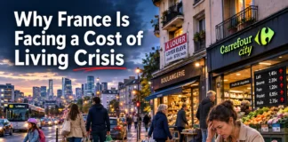 France cost of living crisis with Paris buildings and French households facing rising housing, food, and energy costs