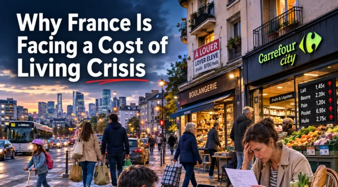 France cost of living crisis with Paris buildings and French households facing rising housing, food, and energy costs