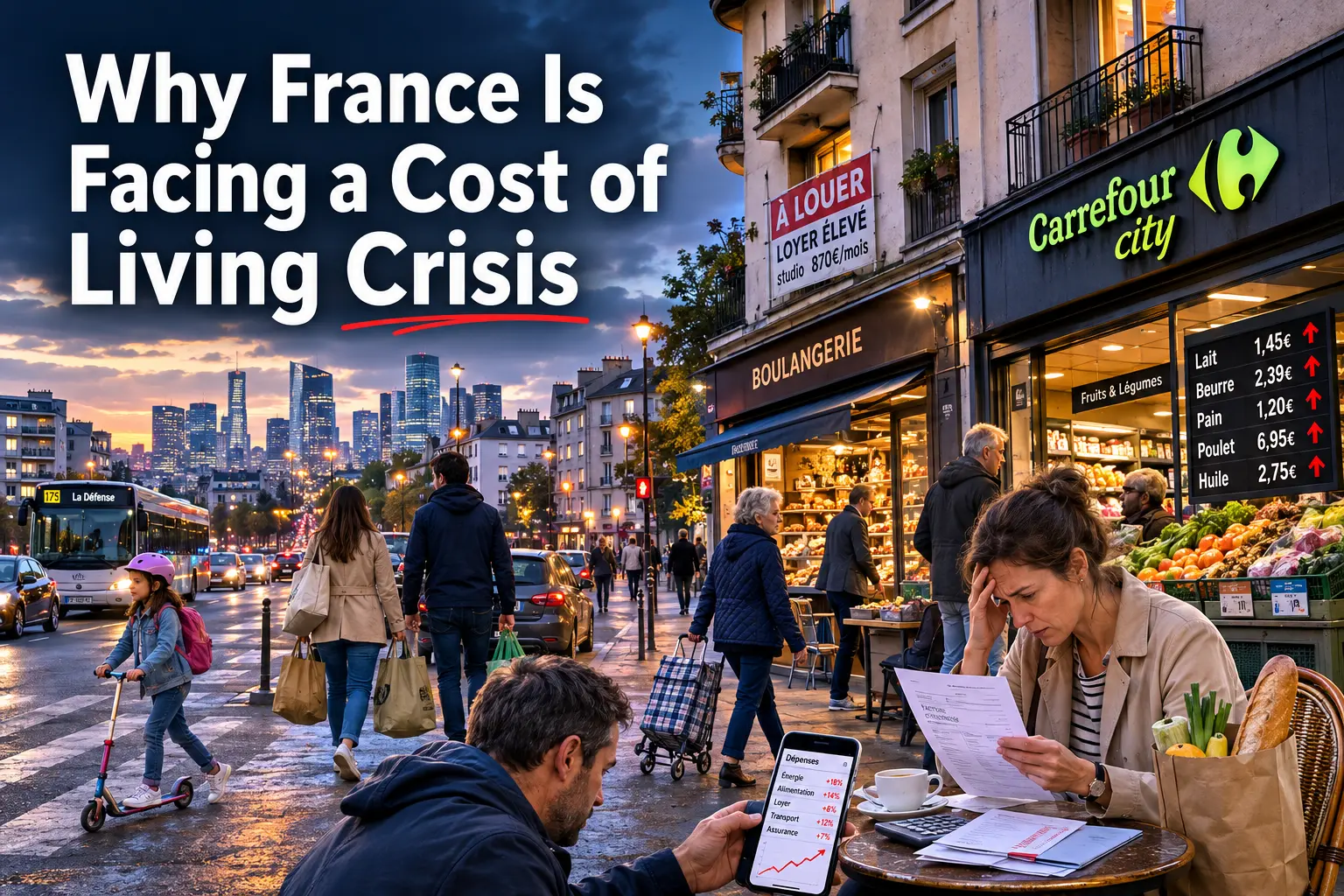 Why France Is Facing a Cost of Living Crisis France cost of living crisis with Paris buildings and French households facing rising housing, food, and energy costs