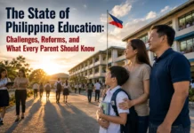 Filipino parent and child outside a Philippine school representing the current state of Philippine education, education reforms, and student learning.