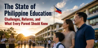 Filipino parent and child outside a Philippine school representing the current state of Philippine education, education reforms, and student learning.
