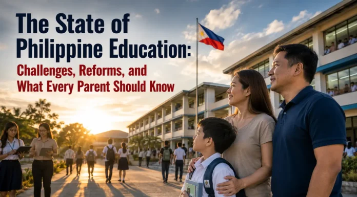 Filipino parent and child outside a Philippine school representing the current state of Philippine education, education reforms, and student learning.