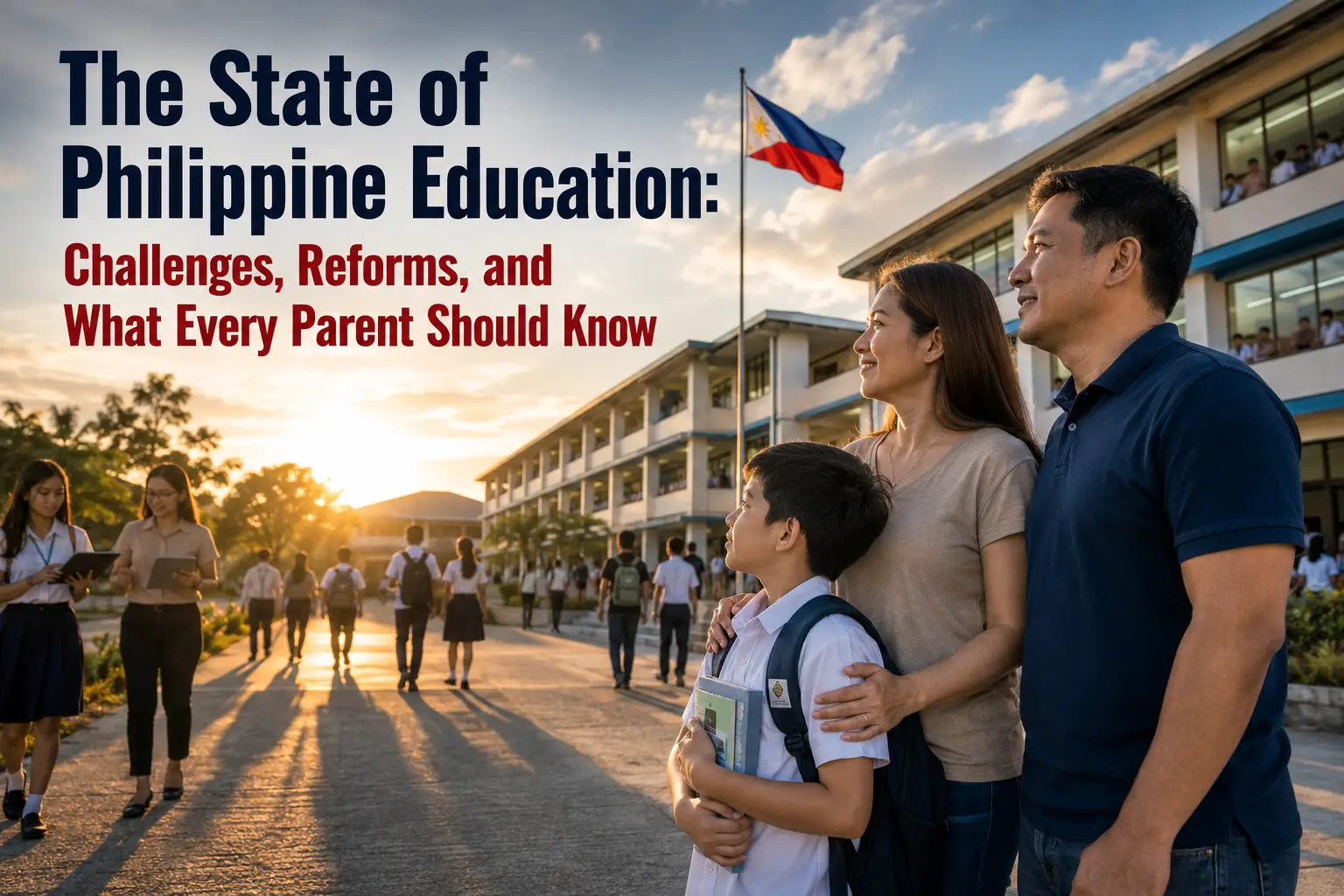 The State of Philippine Education: Challenges, Reforms, and What Every Parent Should Know Filipino parent and child outside a Philippine school representing the current state of Philippine education, education reforms, and student learning.
