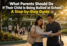 What Parents Should Do If Their Child Is Being Bullied at School Parent comforting a child who is being bullied at school while discussing steps to stop bullying and seek help.