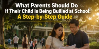 Parent comforting a child who is being bullied at school while discussing steps to stop bullying and seek help.
