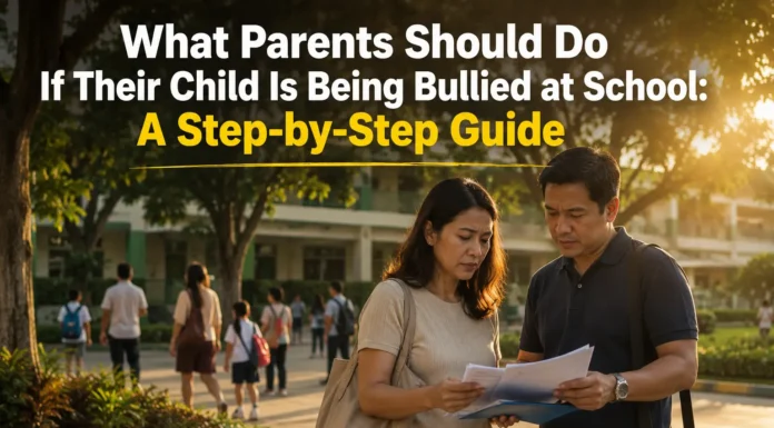 Parent comforting a child who is being bullied at school while discussing steps to stop bullying and seek help.
