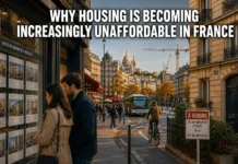 Apartment buildings and residential neighborhoods in Paris illustrating France's growing housing affordability crisis.
